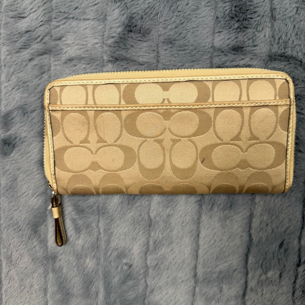 Coach Signature Accordion Zip Around Wallet Khaki Gold Jacquard 7648